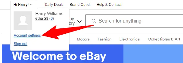 Fai clic su "Impostazioni account" nell'angolo in alto a sinistra di eBay.