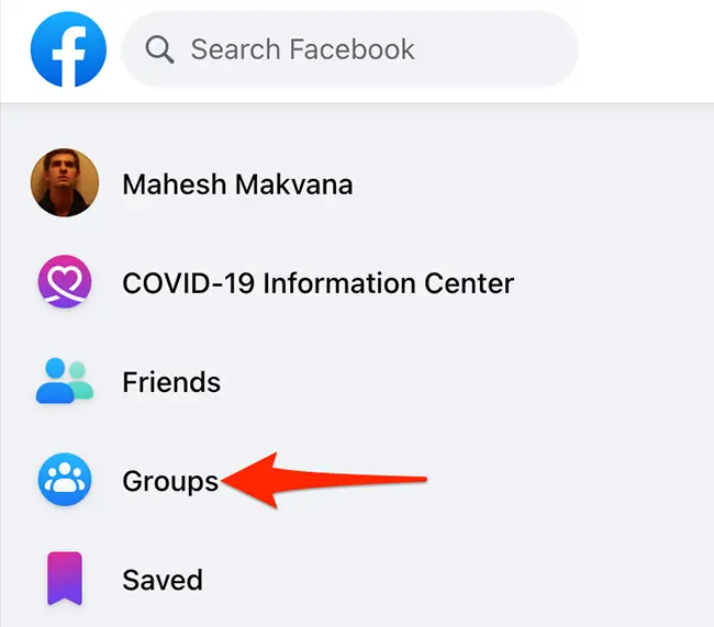 Click "Groups" on the Facebook site.