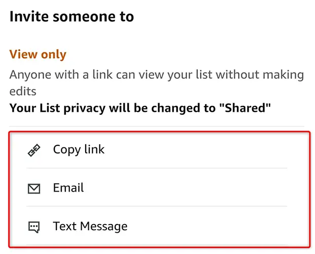 Selectați o modalitate de a partaja lista de dorințe Amazon.