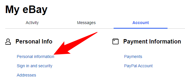 Click "Personal Information" on the "My eBay" page.