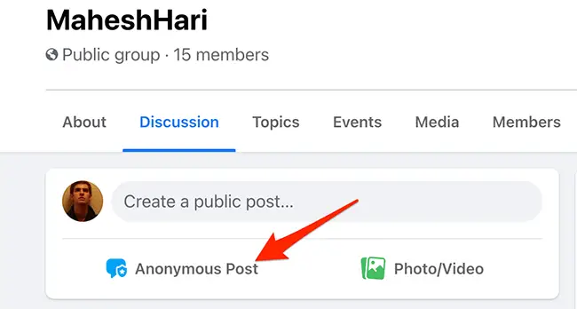Select "Anonymous Post" on a group screen on the Facebook site.