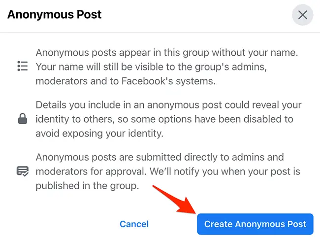 Click "Create Anonymous Post" in the "Anonymous Post" window on the Facebook site.