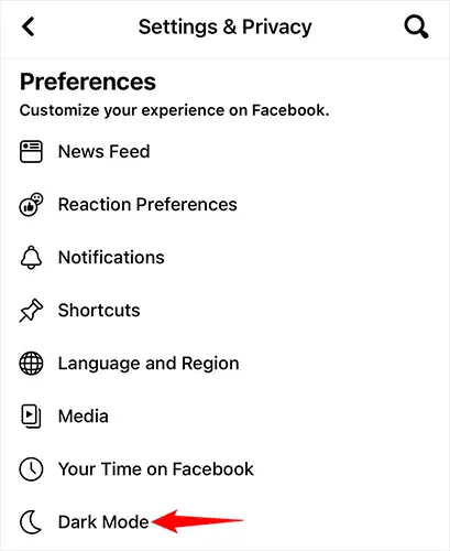 Tap "Dark Mode" on the "Settings & Privacy" page.