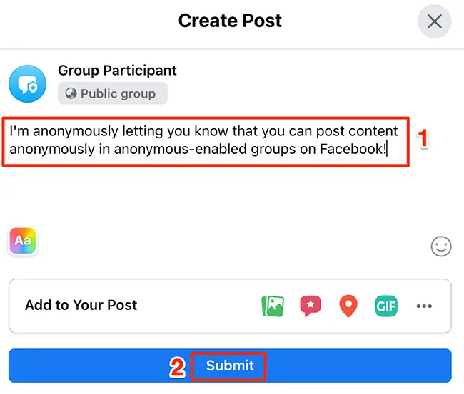 Compose a post and click "Submit" on the "Create Post" window of the Facebook site.