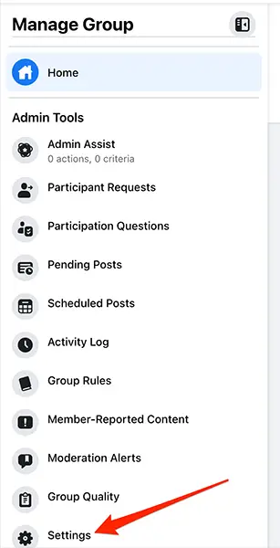 Select "Settings" from "Admin Tools" for a group on the Facebook site.