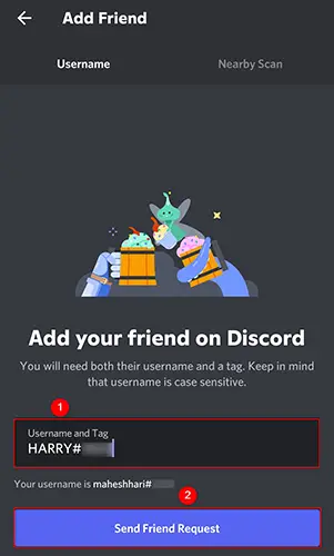 Enter the Discord Tag and tap "Send Friend Request."