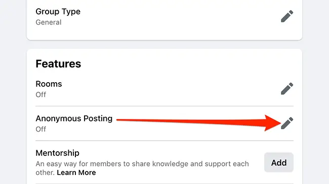 Select "Anonymous Posting" on the "Settings" screen of a Facebook group.