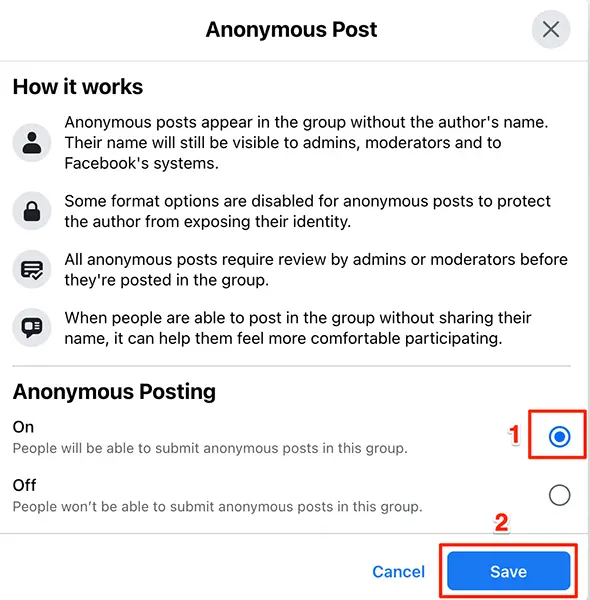 Select "On" on the "Anonymous Post" window on the Facebook site.