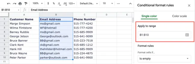 Confirm the cells in Apply To Range