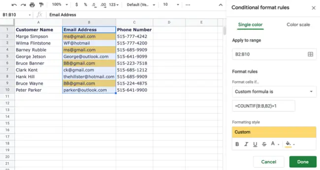 Duplicaten gemarkeerd in Google Spreadsheets