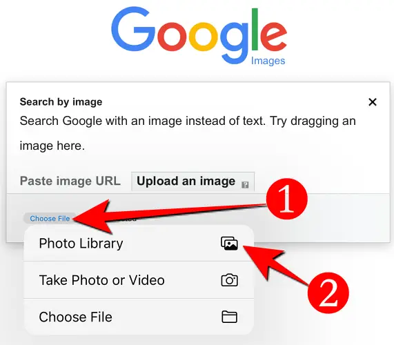 Select "Choose File" button and choose "Photo Library" to open Photos for selecting an image to upload.