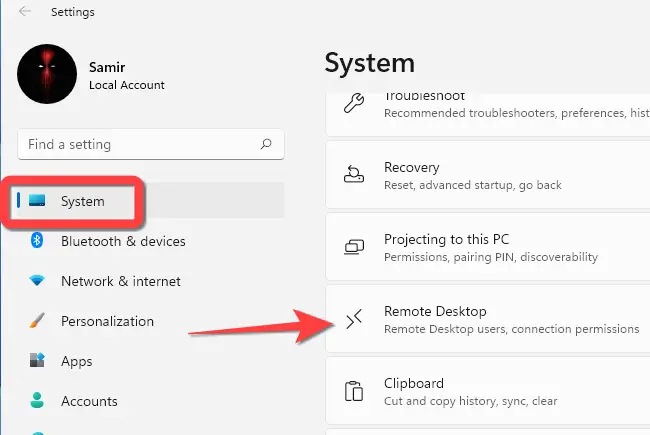 Select "System" on the sidebar, and then choose "Remote Desktop" from the right-hand side.