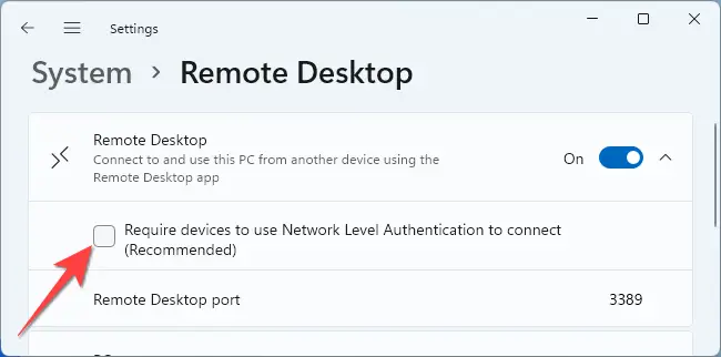 Select the box for enabling Network Level Authentication.