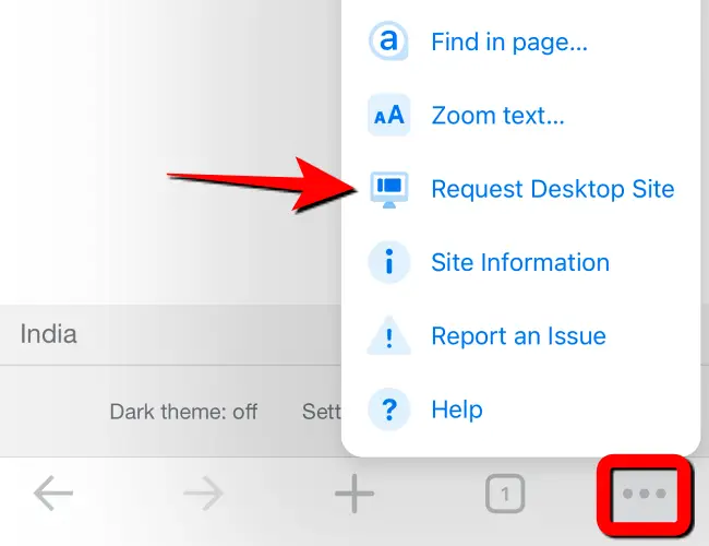 Tippen Sie auf drei horizontale Punkte in der unteren linken Ecke und wählen Sie „Desktop-Site anfordern“.