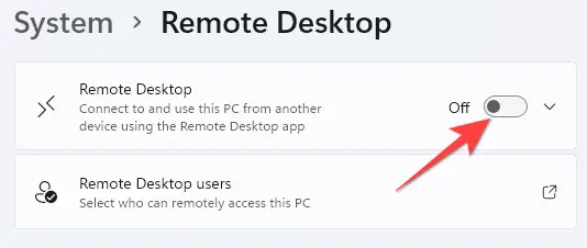 Zet de schakelaar voor 'Remote Desktop' aan.