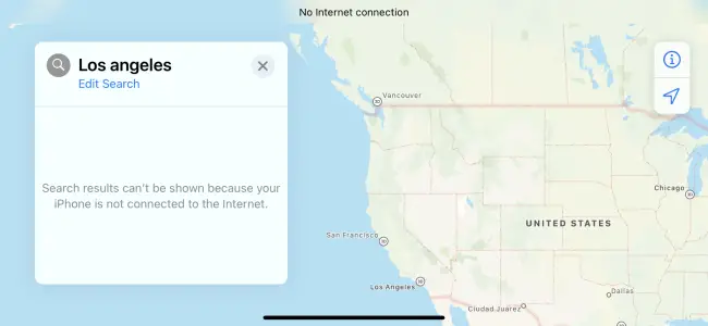 Error de búsqueda sin conexión de Apple Maps en un iPhone.