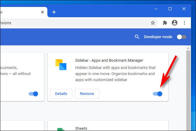 Google Chromeで、拡張機能の横にあるスイッチをクリックします。