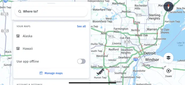 HERE WeGo Maps em um iPhone mostrando mapas offline.