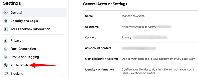 Select "Public Posts" on the "General Account Settings" page on Facebook.