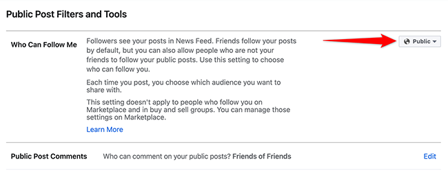 Select "Public" from the "Who Can Follow Me" drop-down menu on Facebook.