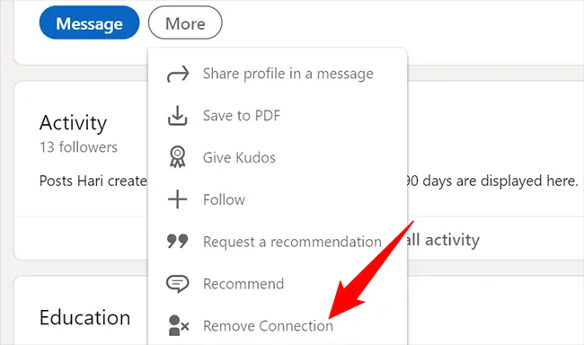 Wählen Sie auf der Profilseite Mehr > Verbindung entfernen aus.