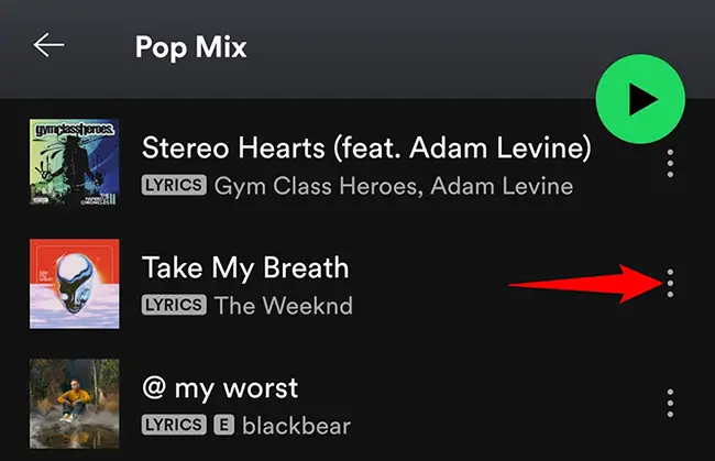 Tap the three dots next to an item in the Spotify app.