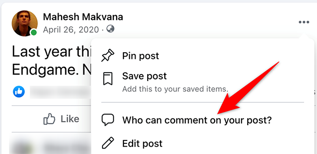 Select "Who Can Comment on Your Post" from the three-dots menu for a post on Facebook.