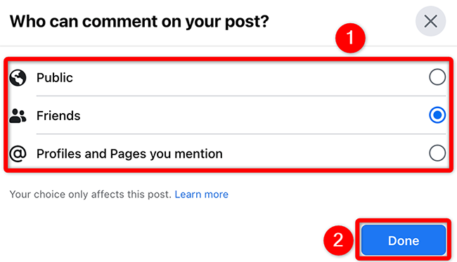 Select an option in the "Who Can Comment on Your Post" window on Facebook.
