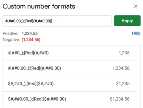 Negative number formats