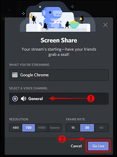 Pick Voice Channel and Hit Go Live Button in Discord