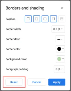 Restablecer bordes y sombreado en Google Docs