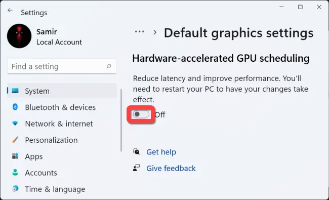 Toggle off to disable the "Hardware-Accelerated GPU Scheduling" feature.