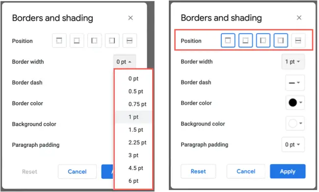 Border Width and Positions