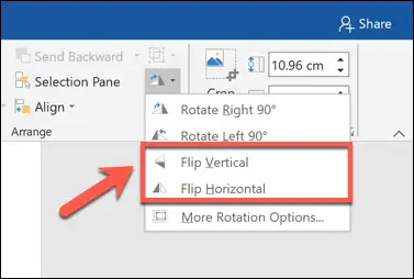 Klik op "Verticaal spiegelen" om een afbeelding ondersteboven te draaien, of "Horizontaal spiegelen" om de afbeelding horizontaal te spiegelen in Word.