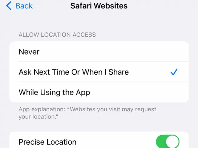 Safari Location defaults on iOS