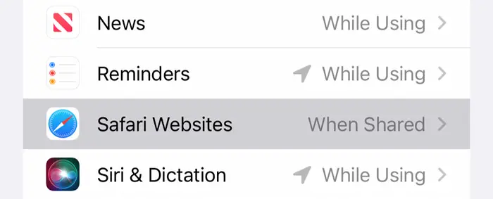 Configurações de localização para sites do Safari no iOS