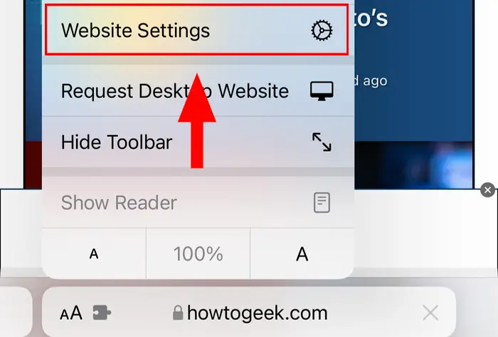 Safari Website Settings menu on iOS