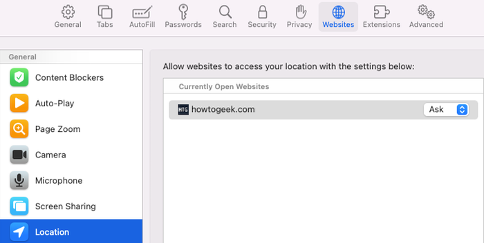 Default view in Location settings for Safari websites