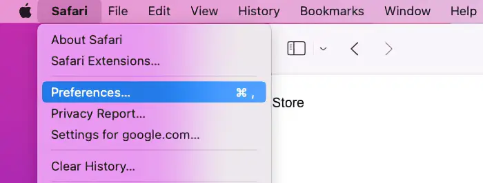 Menu delle preferenze di Safari su macOS