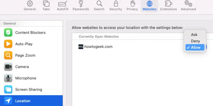 Consentire l'accesso alla posizione per un sito Web in macOS Safari