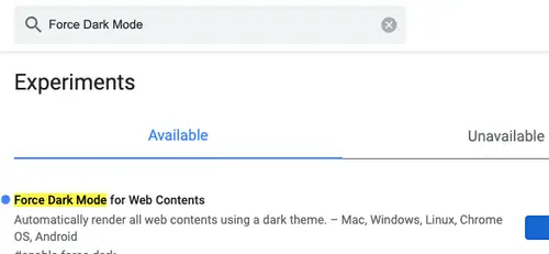 Zoek Force Dark Mode onder Chrome-vlaggen