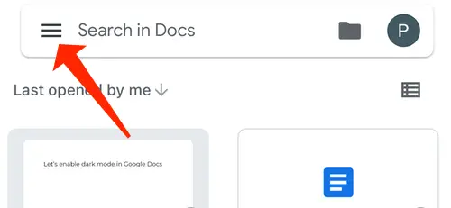 Tap the three-line menu on the top-left in Google Docs