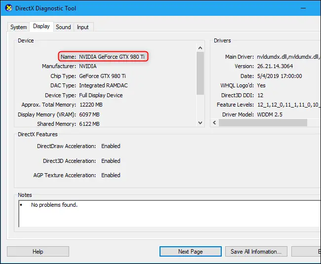 DirectX Diagnostic Tool showing name of computer's graphics card