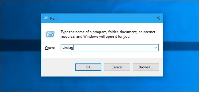 Lansarea dxdiag din dialogul Run din Windows 10