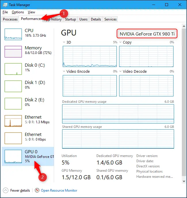 Nome della GPU del computer mostrata in Task Manager di Windows 10