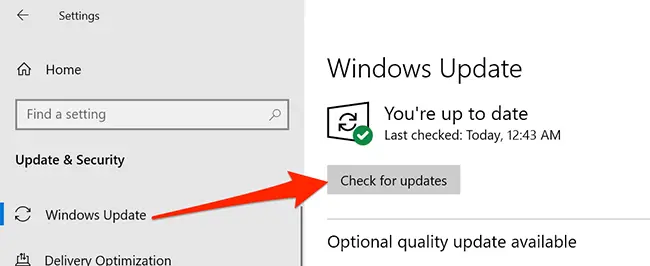 Windows Update menu in Settings