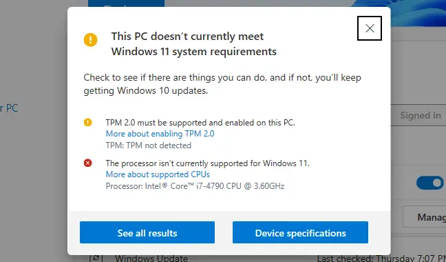 Aplikacja PC Health Check informuje, że komputer obecnie nie spełnia minimalnych wymagań systemu Windows 11.