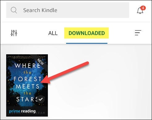 Een eBook in het gedeelte 'Gedownload' van de Kindle-app.