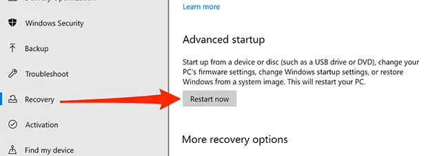 Menú de recuperación en Configuración