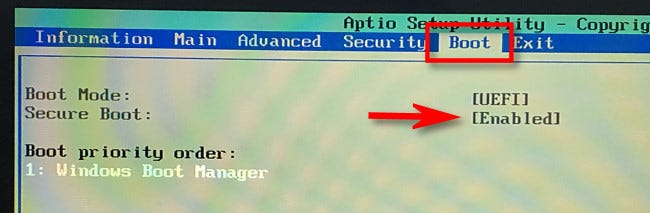 Suchen Sie im „Boot“-Menü Ihres UEFI nach „Secure Boot“ und „Enabled“.